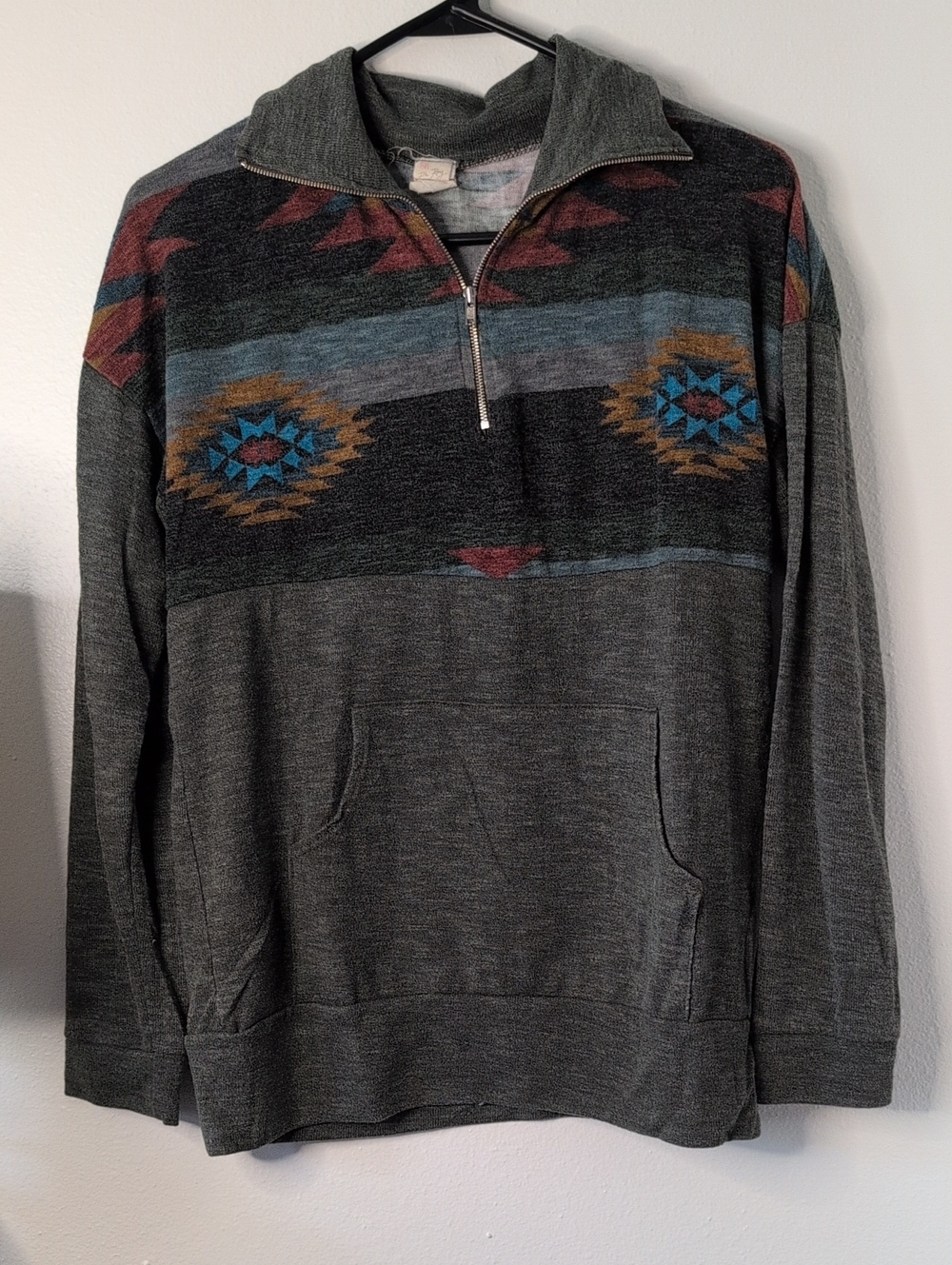 7th Ray Green Pullover Quarter-Zip Sweater with Aztec Pattern